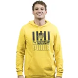 Buzo amarillo con capucha y cordones ajustables, con bolsillo tipo canguro. Estampado frontal con el escudo del Club Atlético Peñarol, la palabra "Peñarol" y el logo de Puma en color negro.