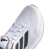 Championes Adidas Runfalcon 5, color blanco con detalles en negro y rojo, ideales para running. Cuentan con tecnología Cloudfoam en la entresuela para mayor amortiguación.