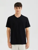 Camiseta negra de corte recto, con cuello en V y mangas cortas.