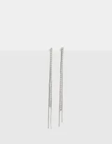 Aros largos colgantes dorados con strass y cadenas.