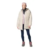 Chaqueta Columbia Powder Lite II Mid para mujer, color beige, con capucha y cierre frontal. Cuenta con tecnología Omni-Heat™ para mantener el calor y Omni-Shield™ para repeler la humedad.