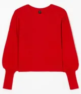 Blusa roja de tejido acanalado, con escote redondo y mangas largas abullonadas.