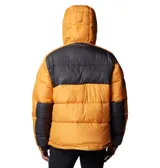 Campera puffer Columbia Pike Lake II Hooded para hombre, color verde oliva y negro. Cuenta con tecnología Omni-Heat Reflective, capucha ajustable, bolsillos con cierre y puños elásticos.