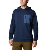 Buzo polar Columbia con capucha, color azul marino, con bolsillo tipo parche en el pecho de color azul más claro con cierre vertical.