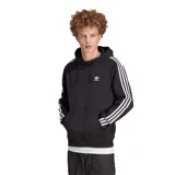 Canguro Adidas negro con capucha y cordones ajustables, bolsillo tipo canguro y logo bordado en el pecho. Presenta las tres rayas blancas características de la marca en las mangas.