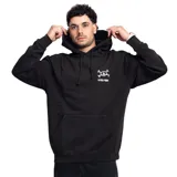 Canguro negro con capucha, bolsillo frontal y estampado del logo de La Vela Puerca en el pecho.