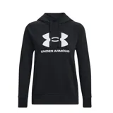 Canguro negro de mujer Under Armour con capucha, cordones ajustables y logo estampado en blanco en el pecho.