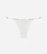 Bombacha femenina modelo hilo, confeccionada en encaje floral de poliamida y elastano, con forro de algodón.