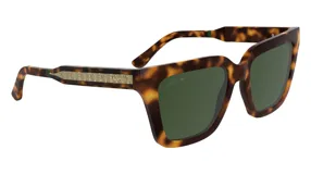 Lentes de sol Lacoste modelo 6063, color carey, con montura cuadrada de acetato y lentes verdes. Logo de Lacoste en el lateral de la patilla.