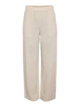 Pantalón de lino color beige, de tiro medio, corte recto y cintura elástica.