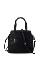 Cartera color beige con doble asa corta y correa larga extraíble. Tiene un bolsillo principal con cierre y varios bolsillos interiores.