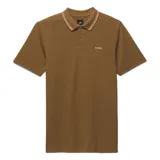 Remera polo marrón de manga corta con cuello clásico con rayas color crema y logo de la marca bordado en el pecho.
