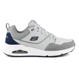 Championes deportivos Skechers modelo Uno Retro One en color gris con detalles en azul marino y gris oscuro. Confeccionados con una combinación de cuero, gamuza y material sintético, cuentan con cierre de cordones, plantilla Air-Cooled Memory Foam y entresuela con cámara de aire visible Skech-Air.