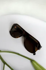 Lentes de sol con montura gruesa color carey y lentes marrones.