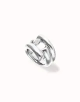 Anillo ancho de aleación de metales bañado en plata de ley, con diseño de tubos entrelazados.