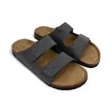 Sandalias grises con doble tira con ajuste de velcro y plantilla de corcho.