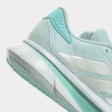 Championes de running Adidas Duramo SL 2, color celeste menta con detalles plateados y suela blanca con detalles en verde menta. Presentan tres franjas laterales plateadas y tecnología LIGHTMOTION en la mediasuela.
