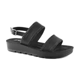 Sandalias bajas negras de Korium con doble tira ancha y hebilla lateral.