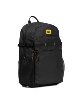 Mochila unisex Caterpillar (CAT) color negro, con compartimento principal acolchado para laptop de 15 pulgadas, bolsillo frontal con cierre, bolsillos laterales de malla y correas de compresión laterales. Presenta el logo CAT en amarillo en la parte superior frontal.