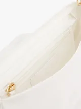 Cartera de hombro blanca de nailon con correa ajustable y extraíble. Presenta cierre de solapa magnético, asa superior, bolsillo interior con cremallera e insignia del monograma TH en la parte delantera.