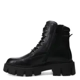 Bota negra tipo borcego de cuero con suela gruesa y cierre de cordones.
