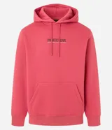 Hoodie color salmón de algodón con felpa, corte comfort, capucha con cordón ajustable, manga larga, bolsillo canguro, barras ajustadas y estampa lettering "Synthetic escape" en frente y espalda.