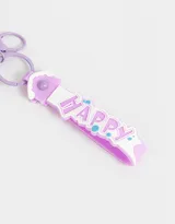 Llavero con dije de casita transparente con un oso adentro y un strap de silicona con la palabra "Happy".