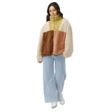 Canguro multicolor de polar con diseño a bloques y cierre, ideal para un look casual y acogedor.