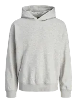 Canguro gris melange con capucha, mangas largas y bolsillo tipo canguro. Estampado en la espalda con la inscripción "Oakwood Nine Zero 90291 LA County".