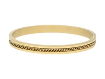 Pulsera rígida dorada de acero inoxidable con detalle de cadena en el centro.