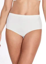 Bombacha bikini de tiro alto color blanco, confeccionada en microfibra sin costuras y con forro 100% algodón.