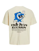 Camiseta color crema de manga corta y cuello redondo con fit holgado. Estampa en el frente con la frase "Time is an illusion" y dibujo de un reloj derretido.