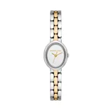 Reloj Michael Kors modelo Maude para mujer, con caja ovalada plateada de 21mm y esfera blanca con agujas doradas. La correa es de acero combinado plateado y dorado.