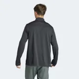 Camiseta deportiva Adidas de manga larga, color gris oscuro, con cierre de cremallera corto en el cuello y logo blanco estampado en el pecho. Confeccionada con tejido transpirable AEROREADY.
