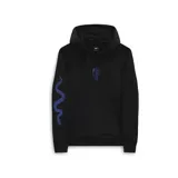 Canguro negro con estampado de mano y serpiente, con corte estándar y capucha ajustable.
