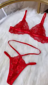 Conjunto de lencería de encaje rojo, compuesto por un bralette con tanga de tira doble regulable, portaligas desmontable y ligas regulables.