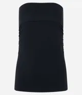 Blusa sin breteles negra, con canesú doblada y fruncidos laterales.