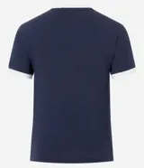 Remera ajustada de algodón color azul marino con cuello redondo y ribetes blancos en el cuello y mangas. Estampado frontal en blanco con el texto "SAMBA 20 Cura 25" y cuatro estrellas doradas debajo.