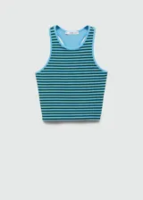 Top ajustado de punto con estampado de rayas horizontales en azul y negro, cuello redondo y sisas con ribete celeste.