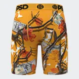 Calzoncillos bóxer de la marca PSD, modelo WF Pumpkin Spice, con estampado de camuflaje en tonos naranja, marrón y blanco, con billetes de dólares y un diseño de boca de tiburón con dientes afilados.