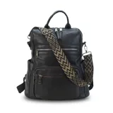 Mochila negra de símil cuero con apertura superior y tres bolsillos frontales con cierres metálicos. Incluye bolsillos laterales y tres bolsillos internos. Tiene correa larga de galón regulable para usar como bandolera y correas para colgar en la espalda.
