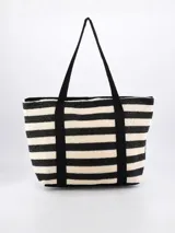 Bolso tipo tote Bali de paja con rayas horizontales negras y beige, con doble asa de hombro negra.