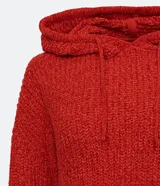 Buzo de tejido chenille texturizado en color rojo, con capucha ajustable mediante cordones y puños y ruedo acanalados.