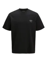 Remera negra de manga corta con cuello redondo y estampado blanco en el pecho con la palabra "Project" y en la espalda con un diseño abstracto.