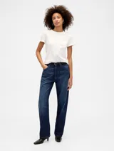 Jean de corte recto y relajado, con tiro medio y lavado oscuro. Presenta diseño clásico de cinco bolsillos, cierre frontal con cremallera y botón metálico.