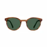 Lentes de sol con montura redonda de madera color marrón y lentes verdes.