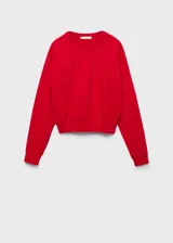 Sweater rojo de algodón con cuello redondo y mangas largas.