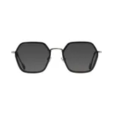 Lentes de sol con marco geométrico negro y lentes grises.
