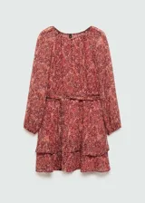 Vestido corto de manga larga con puños elásticos, estampado floral y lazo ajustable en la cintura.