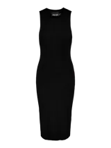 Vestido midi negro de tejido de punto acanalado, sin mangas y cuello redondo.